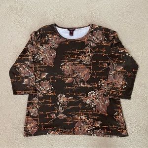 alc At Last Women's Knit Top Sz 1X Brown Floral Sequins City Look 3/4 Sleeves
